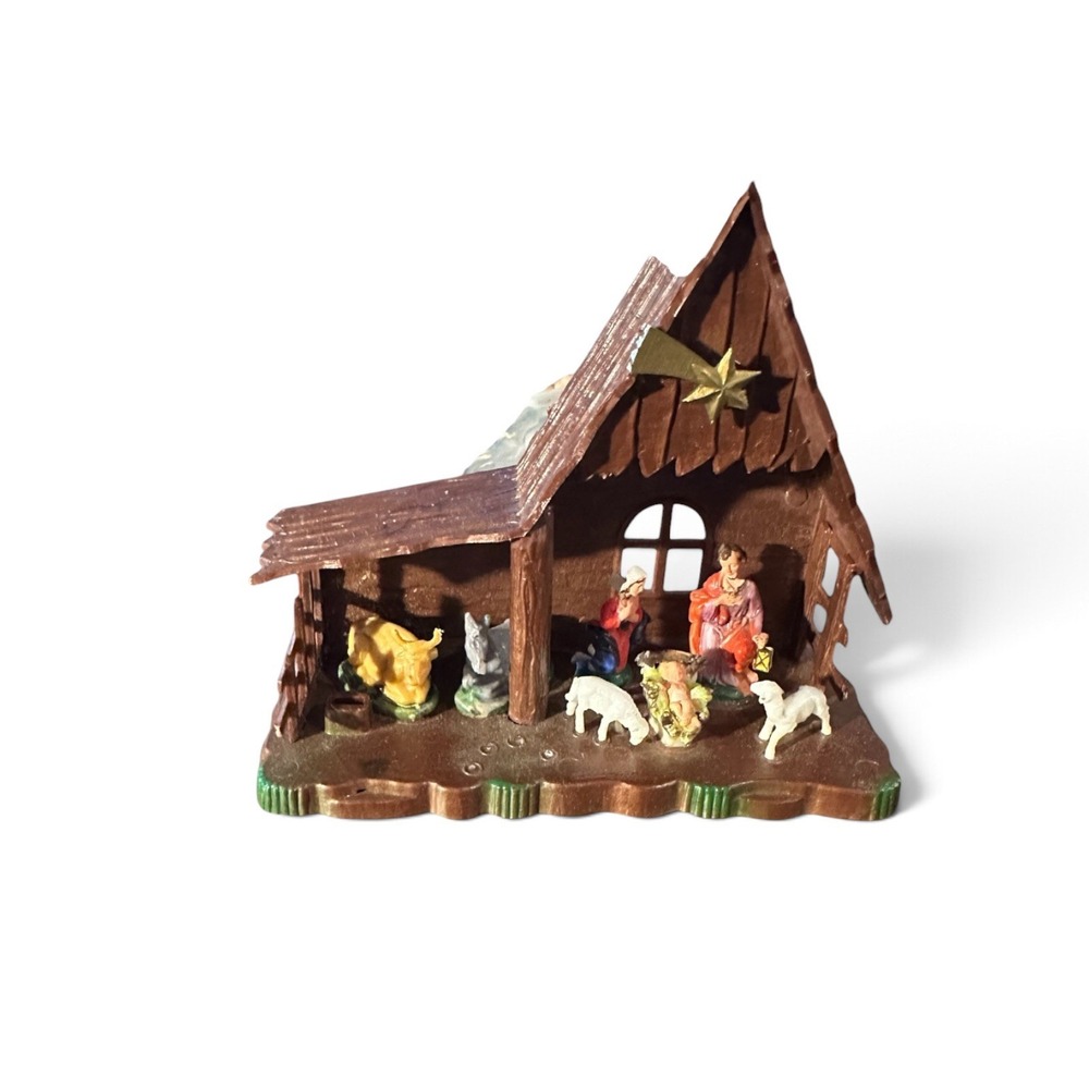 Christmas Nativity Brown Stable Manger Set w/ Mary Joseph Jesus Animals